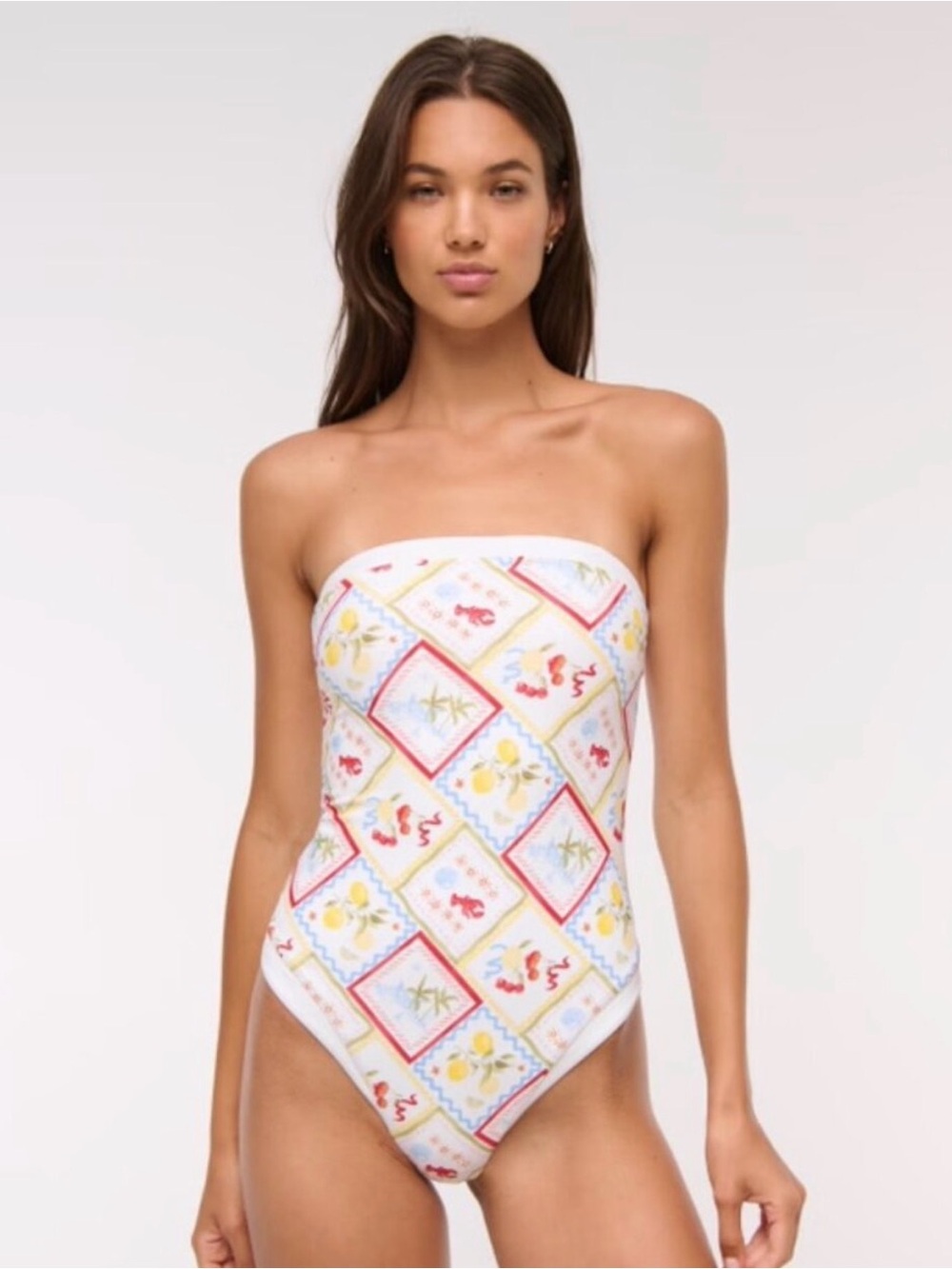 Abercrombie Marina Strapless White Floral Tile-Print One-Piece Swimsuit